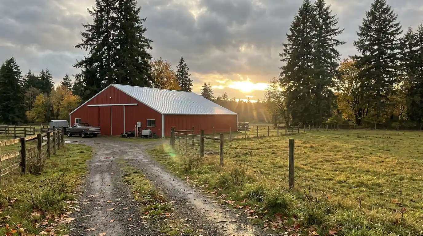 Pole barn shop with a new metal roof on rural acreage