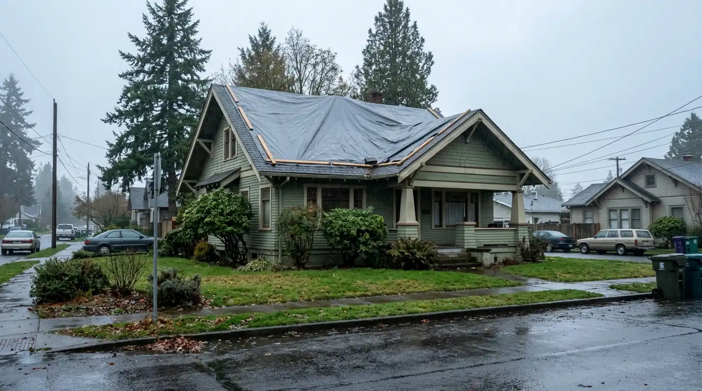 Heavy-duty tarp battened over the ridge of a Craftsman bungalow roof in drizzle