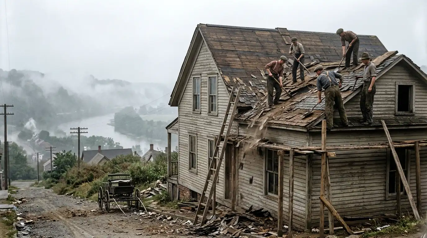 Older two-story home with shingles being torn off to the plank sheathing