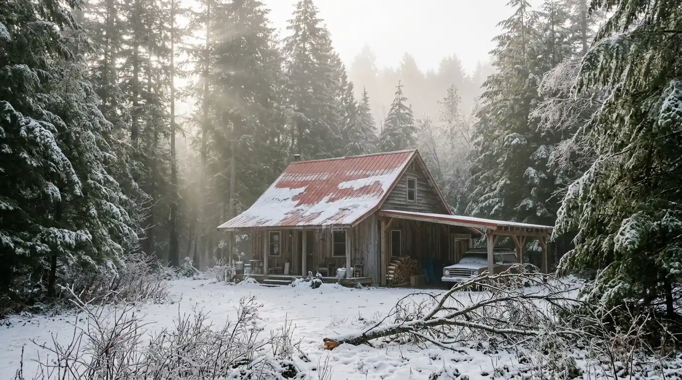 Farmhouse with a red metal roof surrounded by ice-coated firs