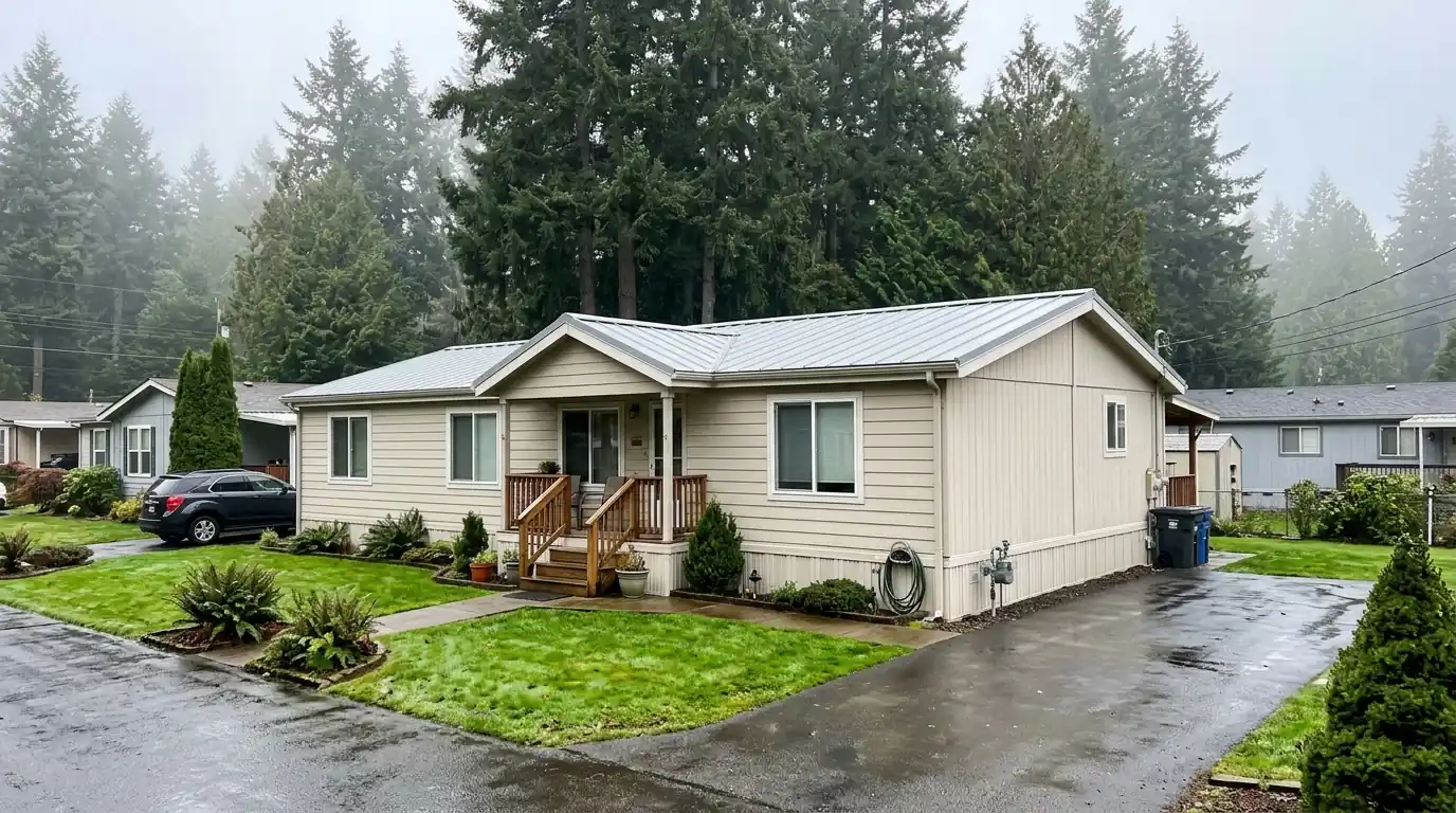 Double-wide manufactured home with a new light gray metal roof-over