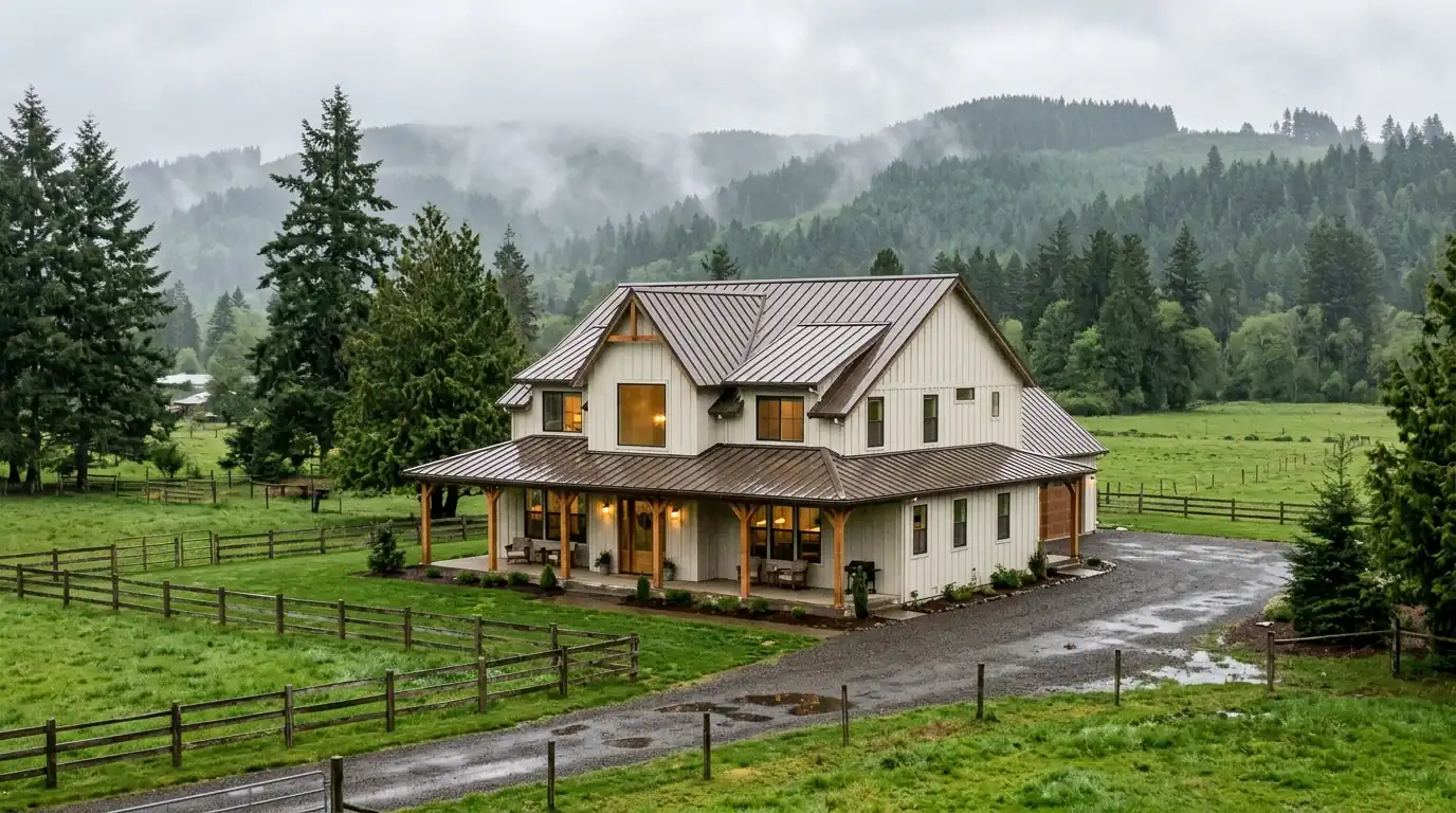 Farmhouse with a dark bronze standing seam metal roof in light rain