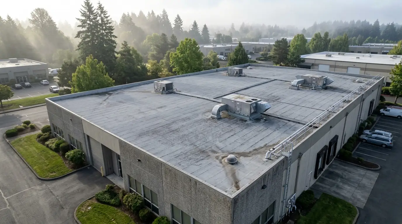 Business park building with a flat roof and rooftop units in morning fog