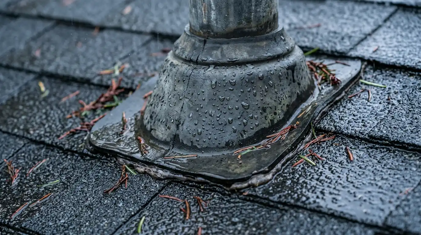 Water beading around a cracked rubber pipe boot on a dark shingle roof