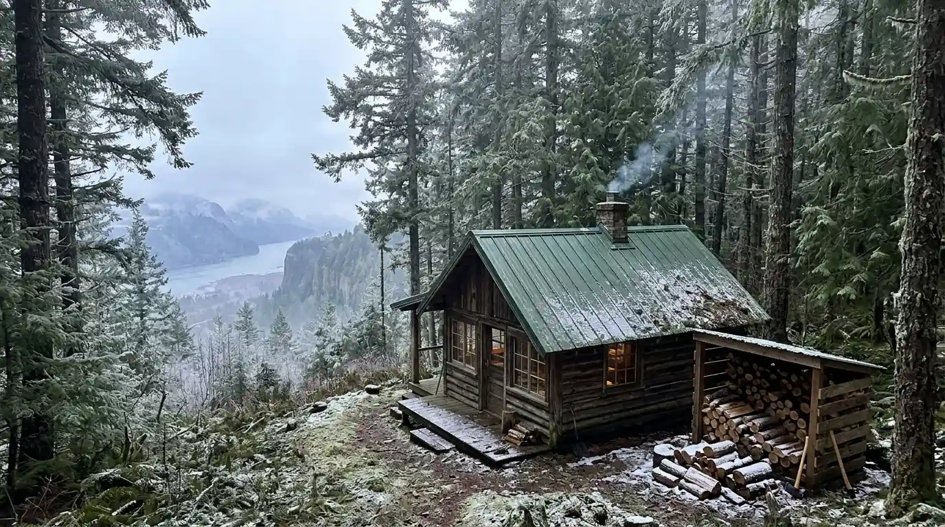 Forest cabin with a green metal roof in the misty Gorge