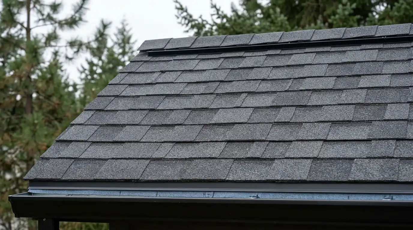Close view of new architectural shingles, ridge vent and drip edge at the eave