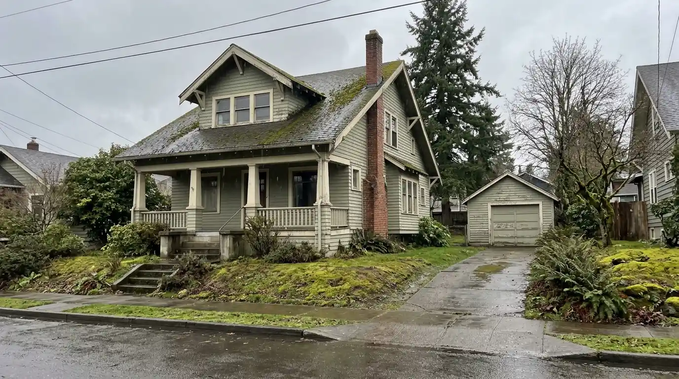 Older two-story home with brick chimney and detached garage in light rain