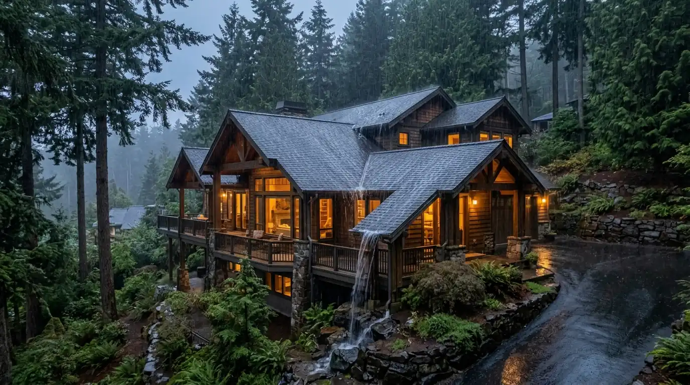 Steep West Linn hillside home with a valley-heavy roof in heavy rain