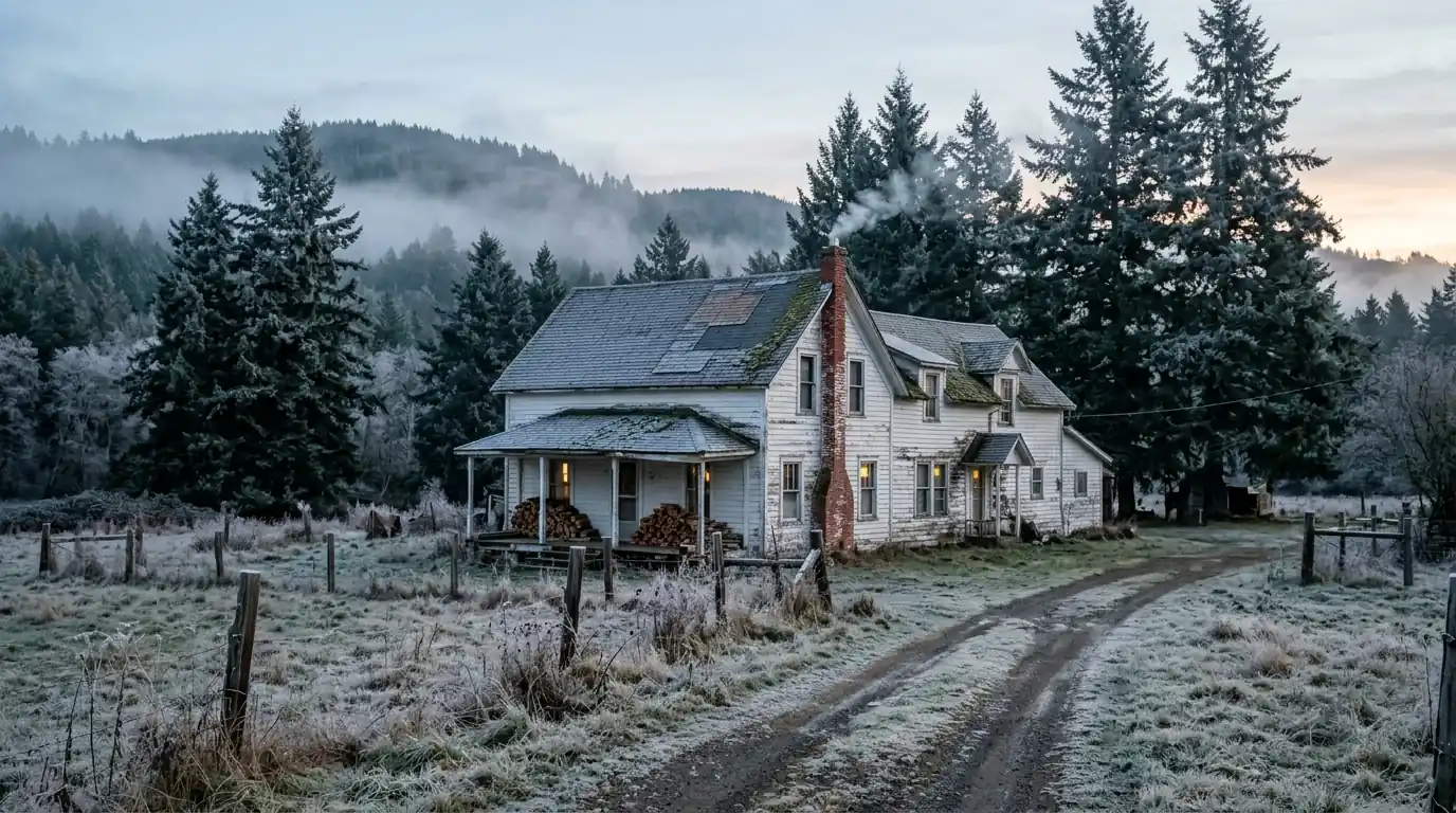Old farmhouse with a brick chimney and patched shingle roof in the foothills