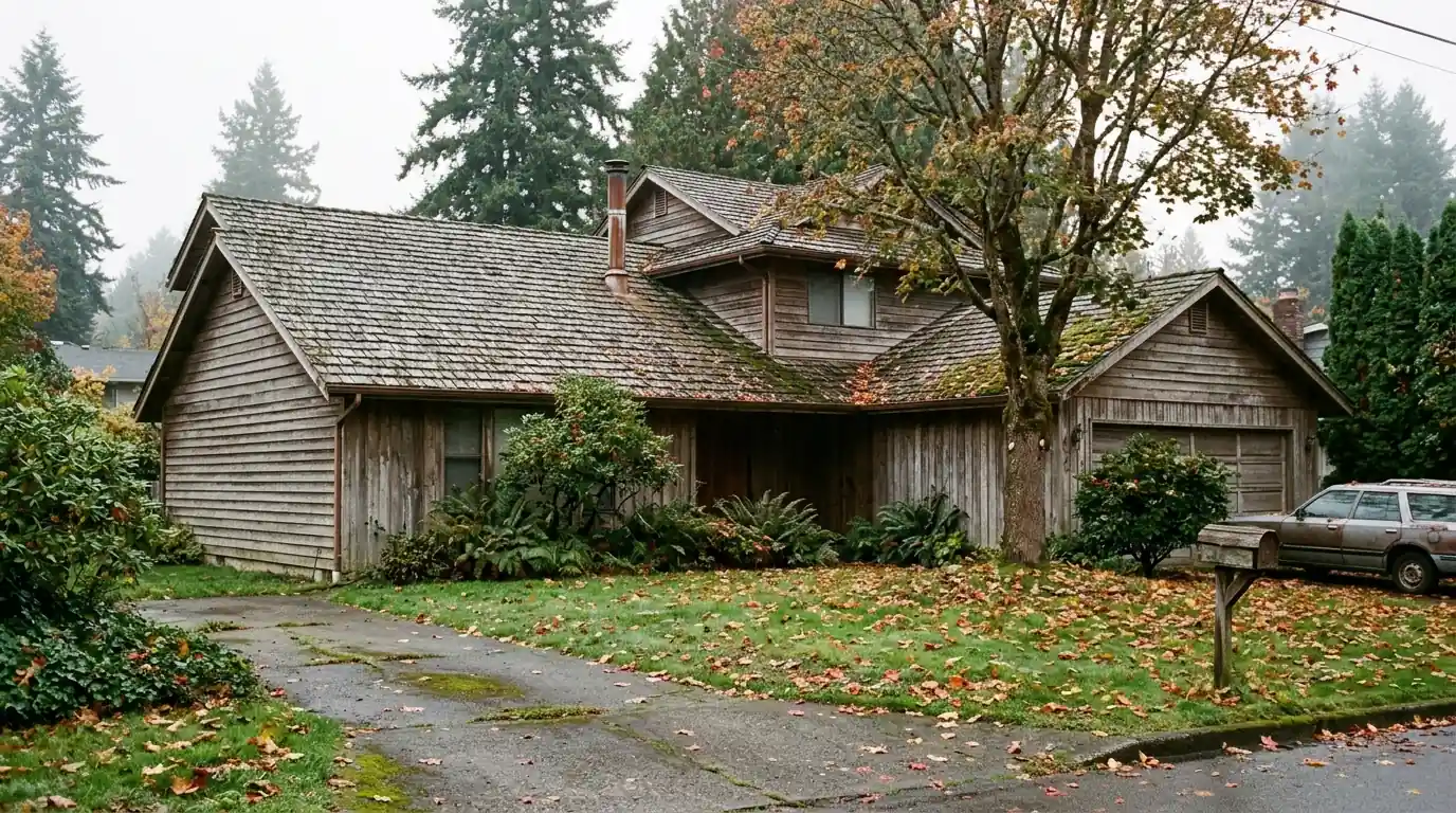 1980s cedar-sided house with a weathered gray cedar shake roof