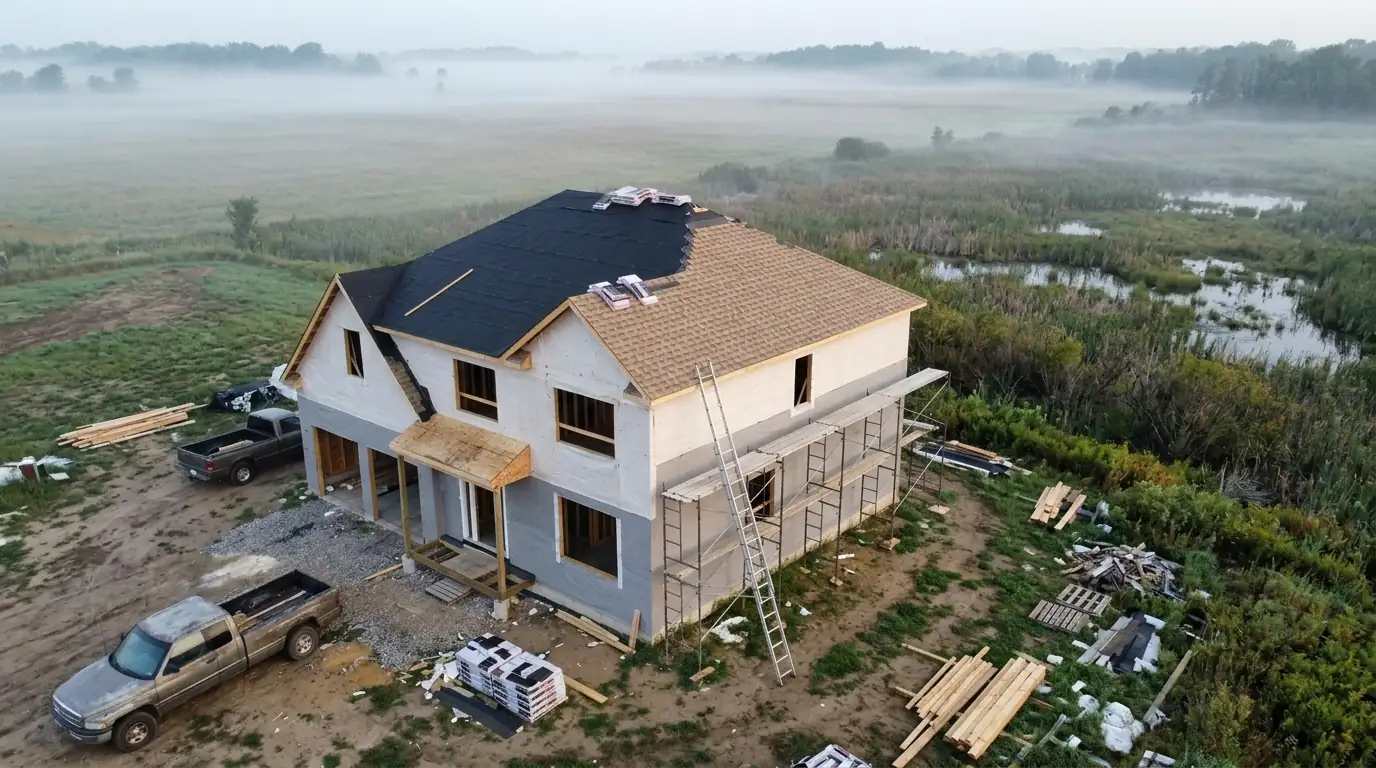 New home with half-installed shingles beside foggy wetlands