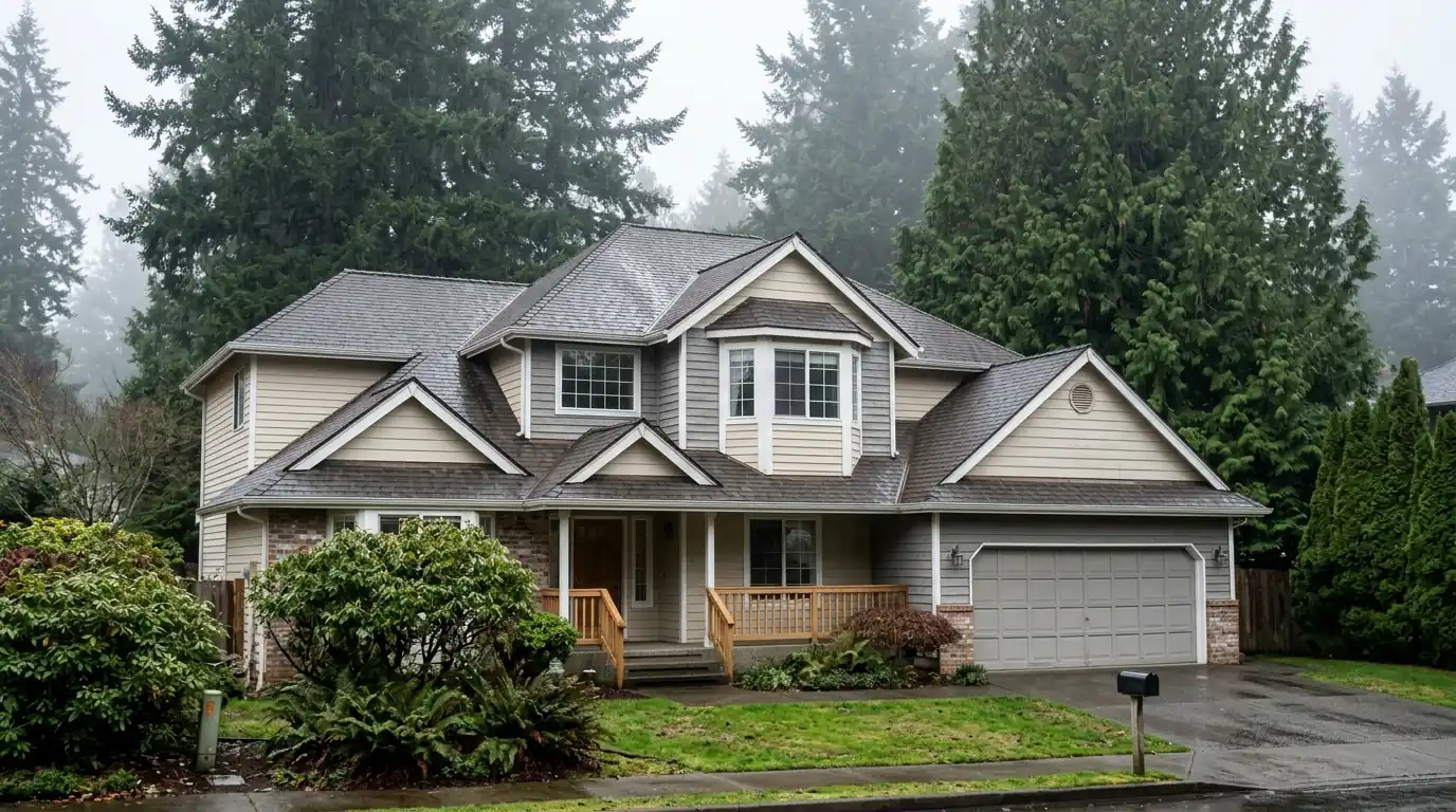 Two-story suburban home with a complex composite roof and several valleys