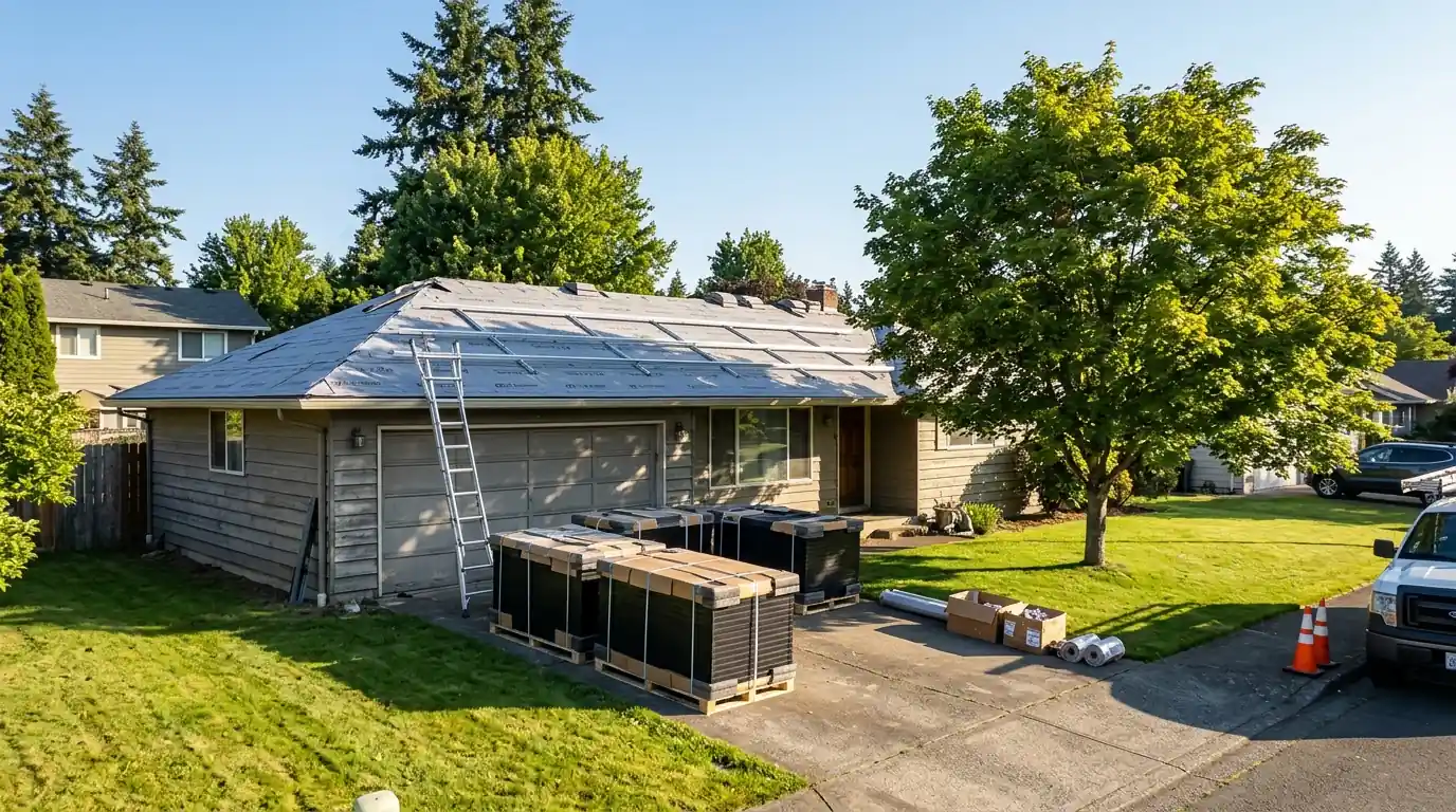 Solar panels stacked in a driveway while a ranch home gets a new roof