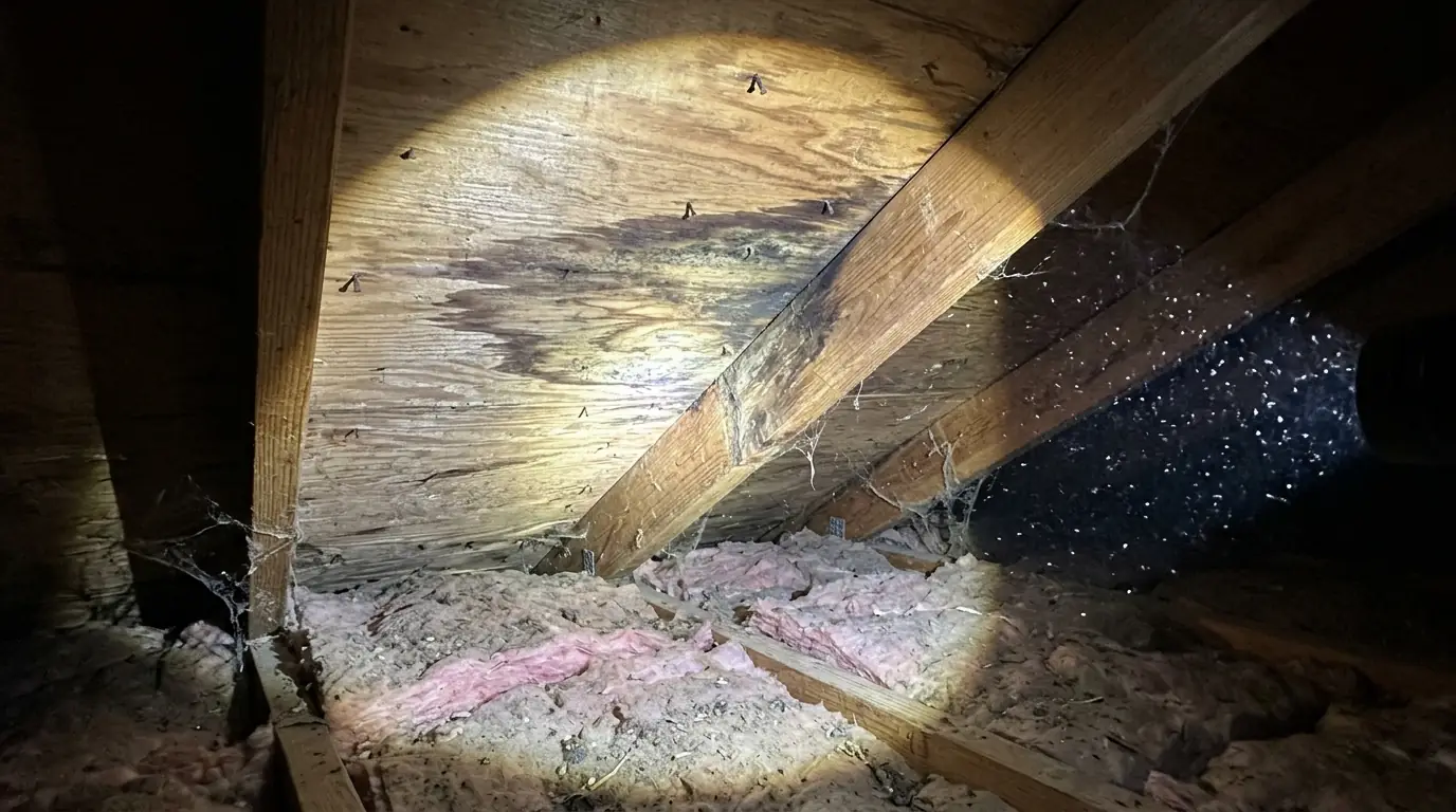 Flashlight on a water stain in an attic during inspection