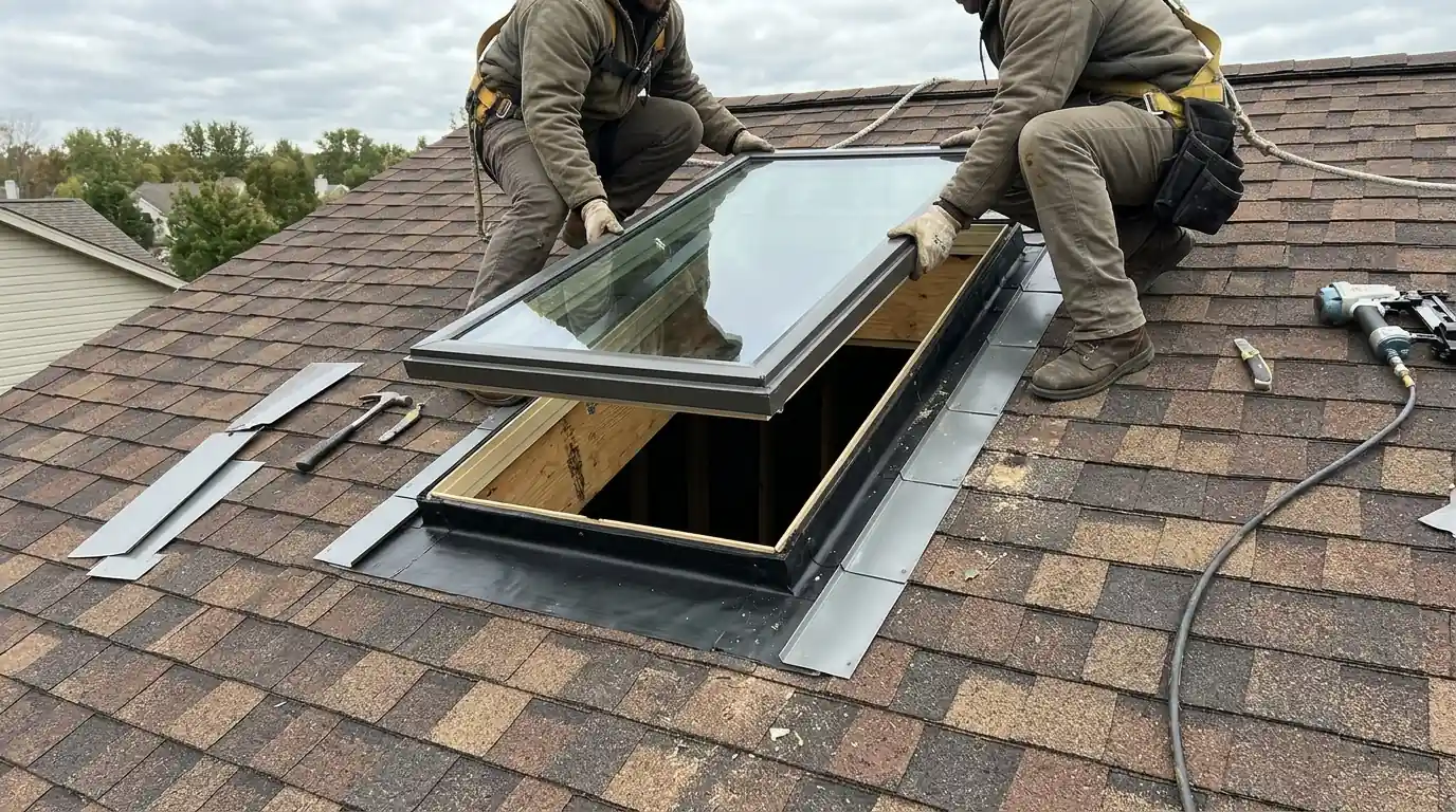 New skylight set into a roof opening with step flashing visible