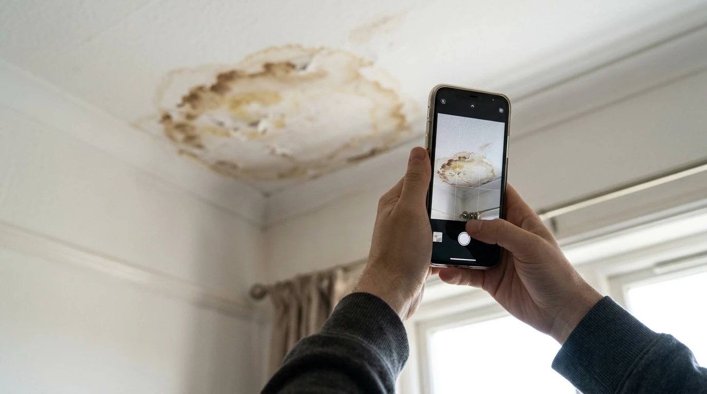 Phone photographing a brown water stain on a white bedroom ceiling
