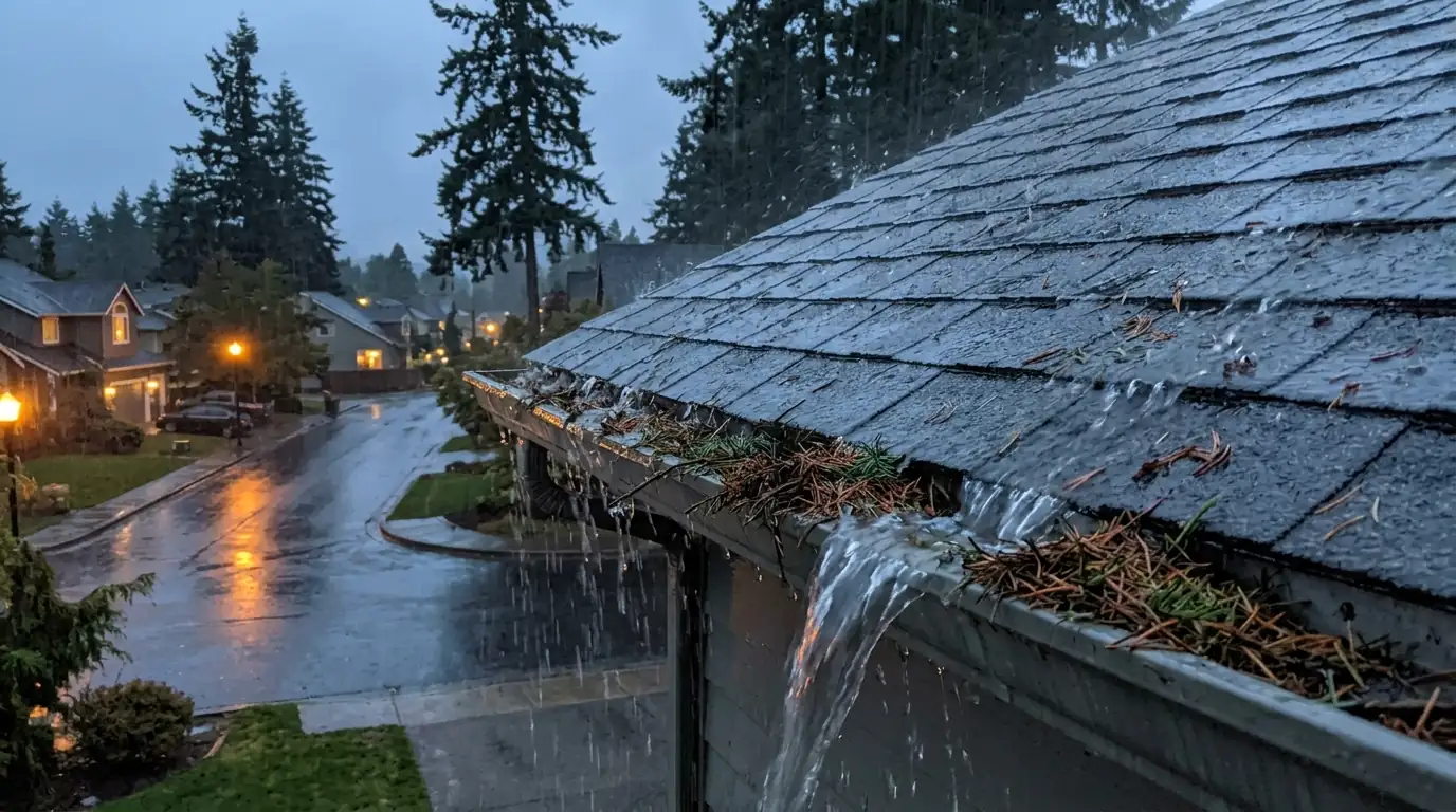 Rainwater overflowing a gutter clogged with fir needles during a heavy downpour