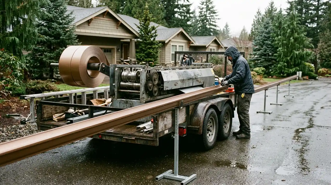 Gutter machine rolling out a long bronze aluminum gutter in a driveway