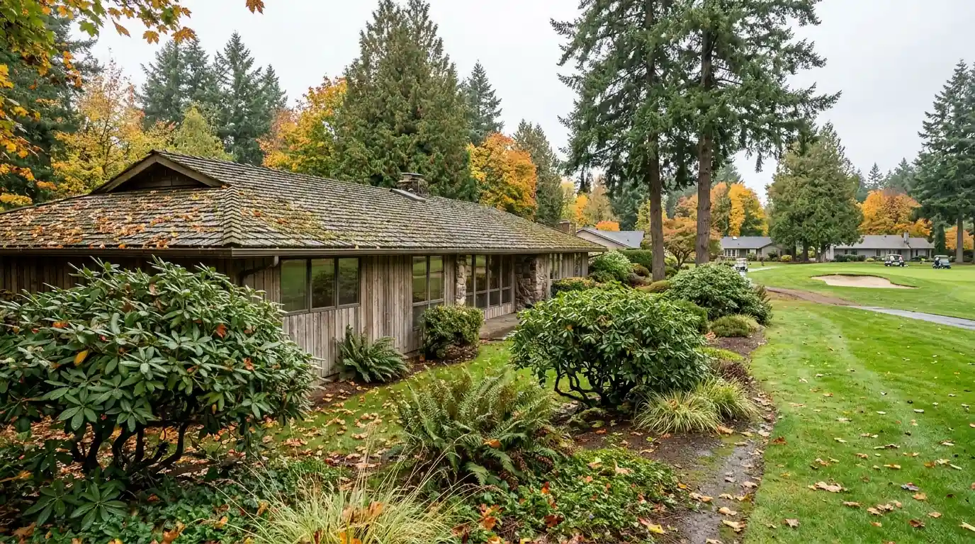 Single-story golf course home with an aging cedar shake roof