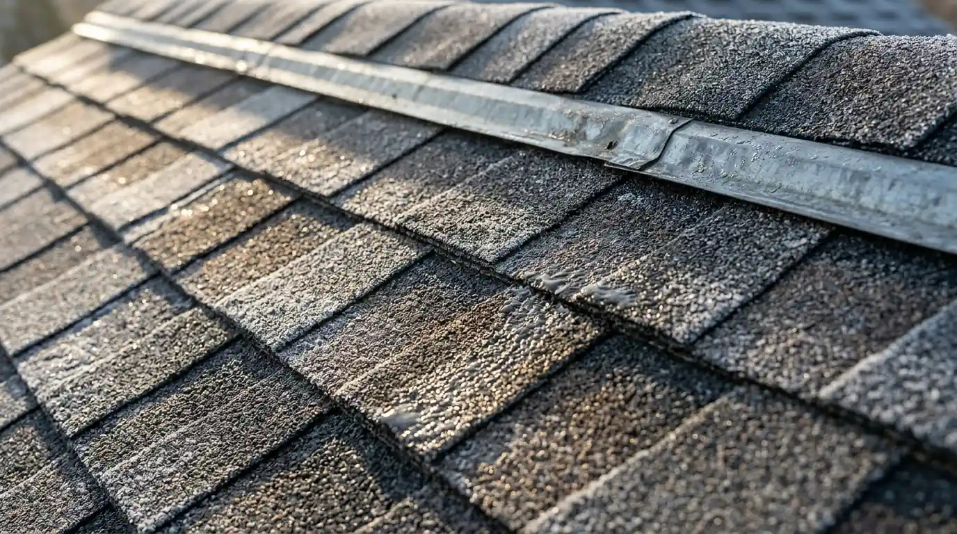 Layered architectural shingles with a zinc strip near the ridge line