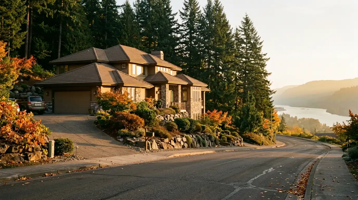 Large hillside home with a concrete tile roof under tall firs
