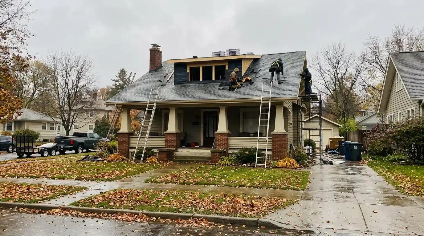 Craftsman home with a new shed dormer being roofed