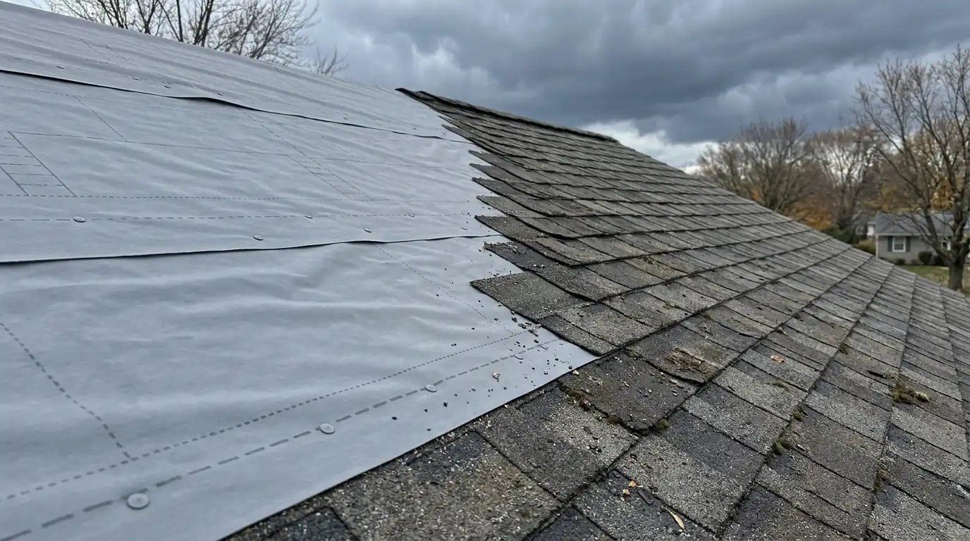 Roof section dried in with underlayment beside older shingles under rain clouds