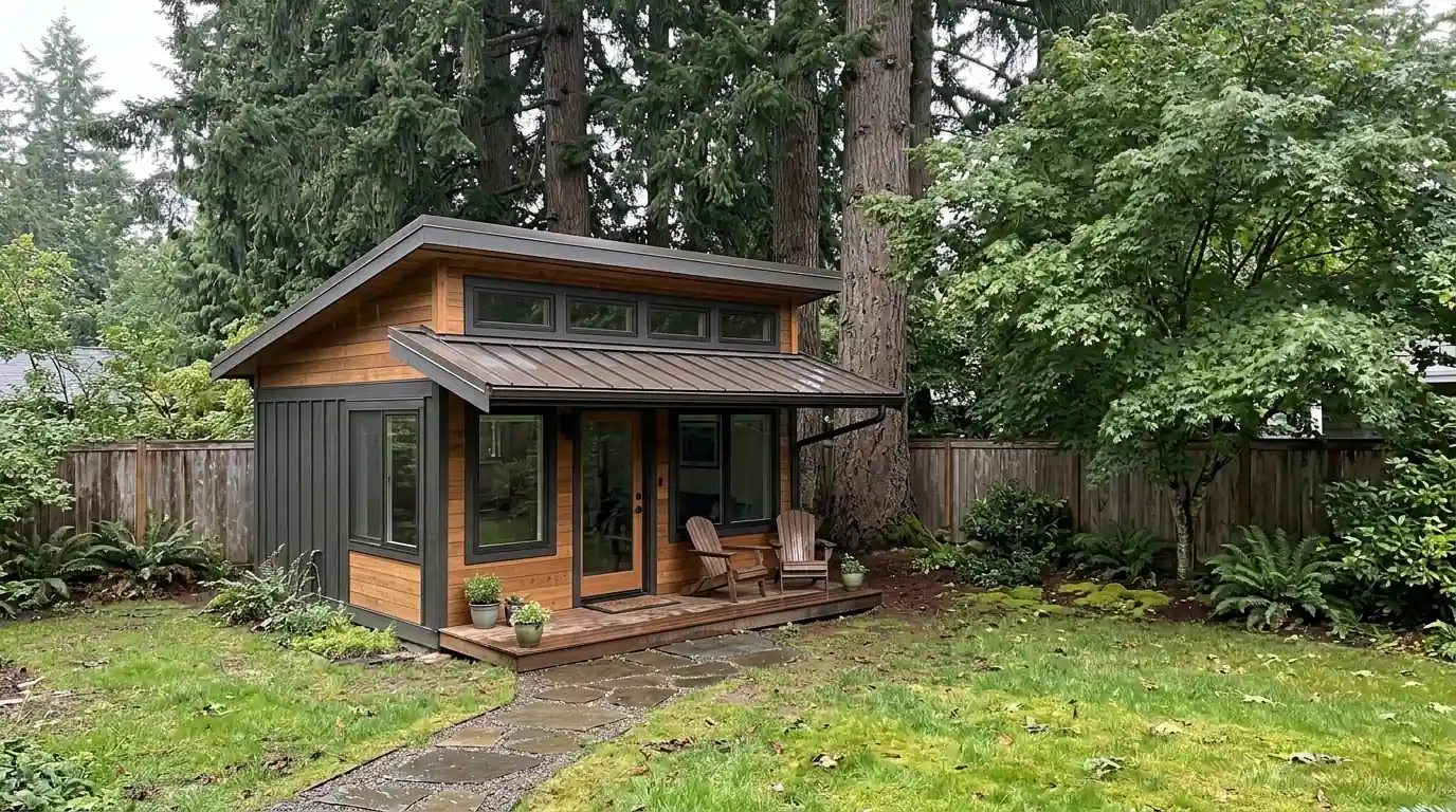 Backyard cottage with a dark standing seam metal shed roof under tall firs