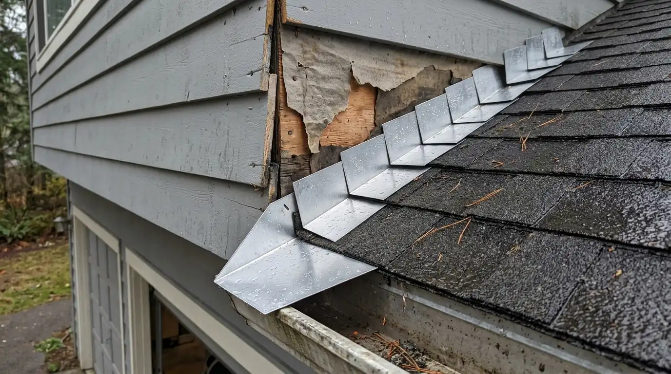 Siding removed to show new step flashing and a kickout at a roof-to-wall joint