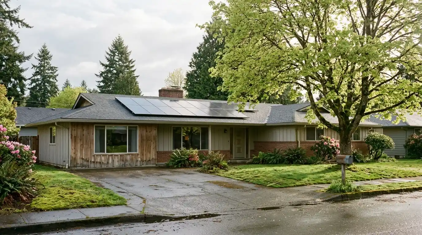 Single-story ranch home with solar panels on a gray shingle roof