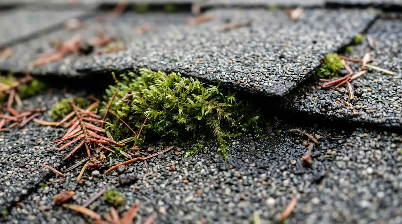 Close-up of moss lifting the edge of a gray asphalt shingle tab