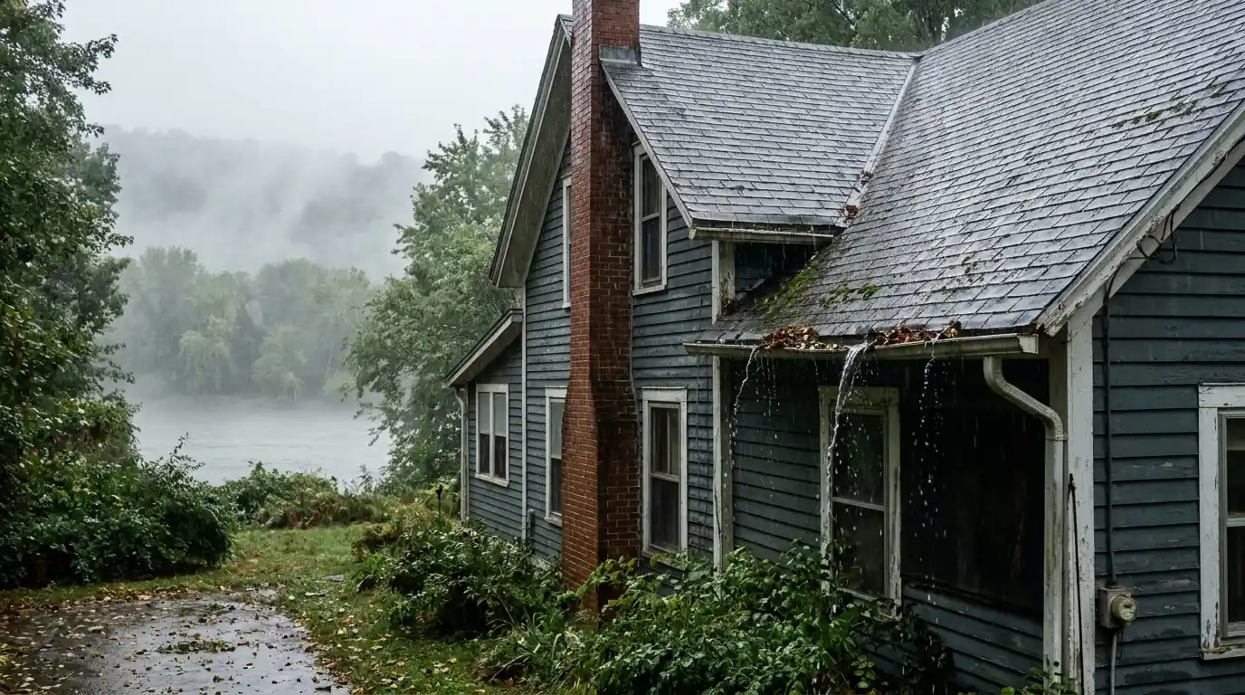 Older house with a brick chimney and shingle roof on a rainy day