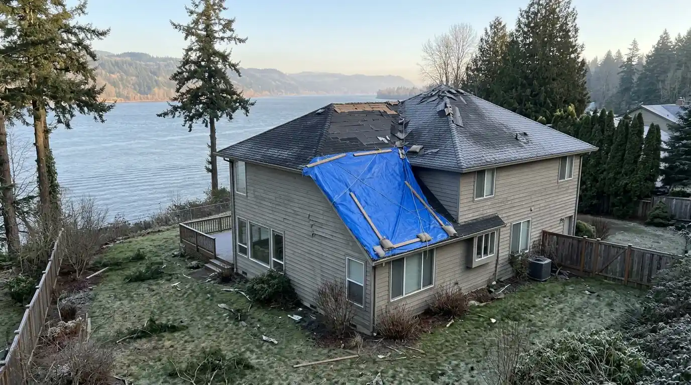 Wind-damaged composite roof with a blue tarp on one slope