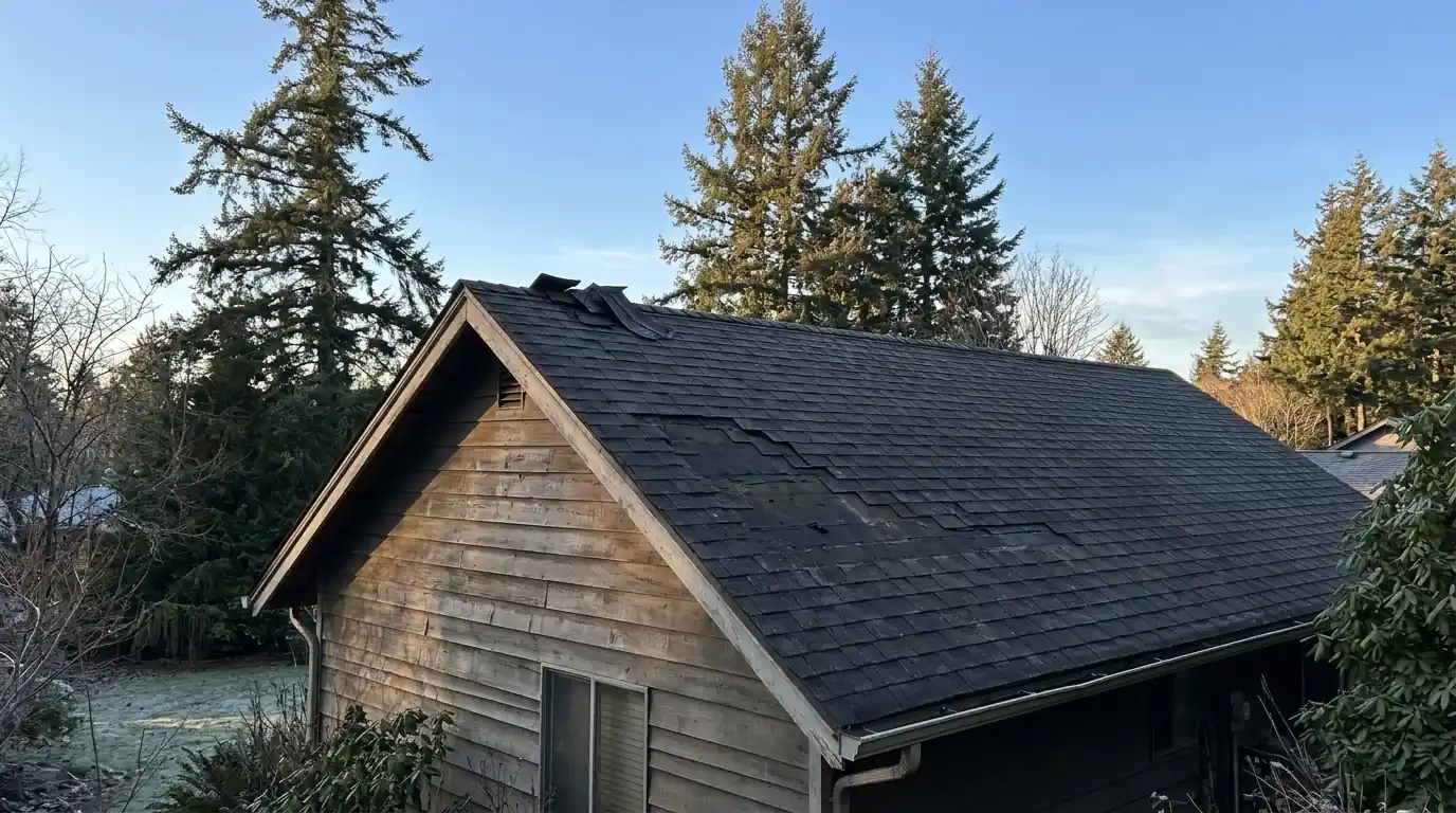 Gable roof with missing shingles and a folded ridge cap after strong winds