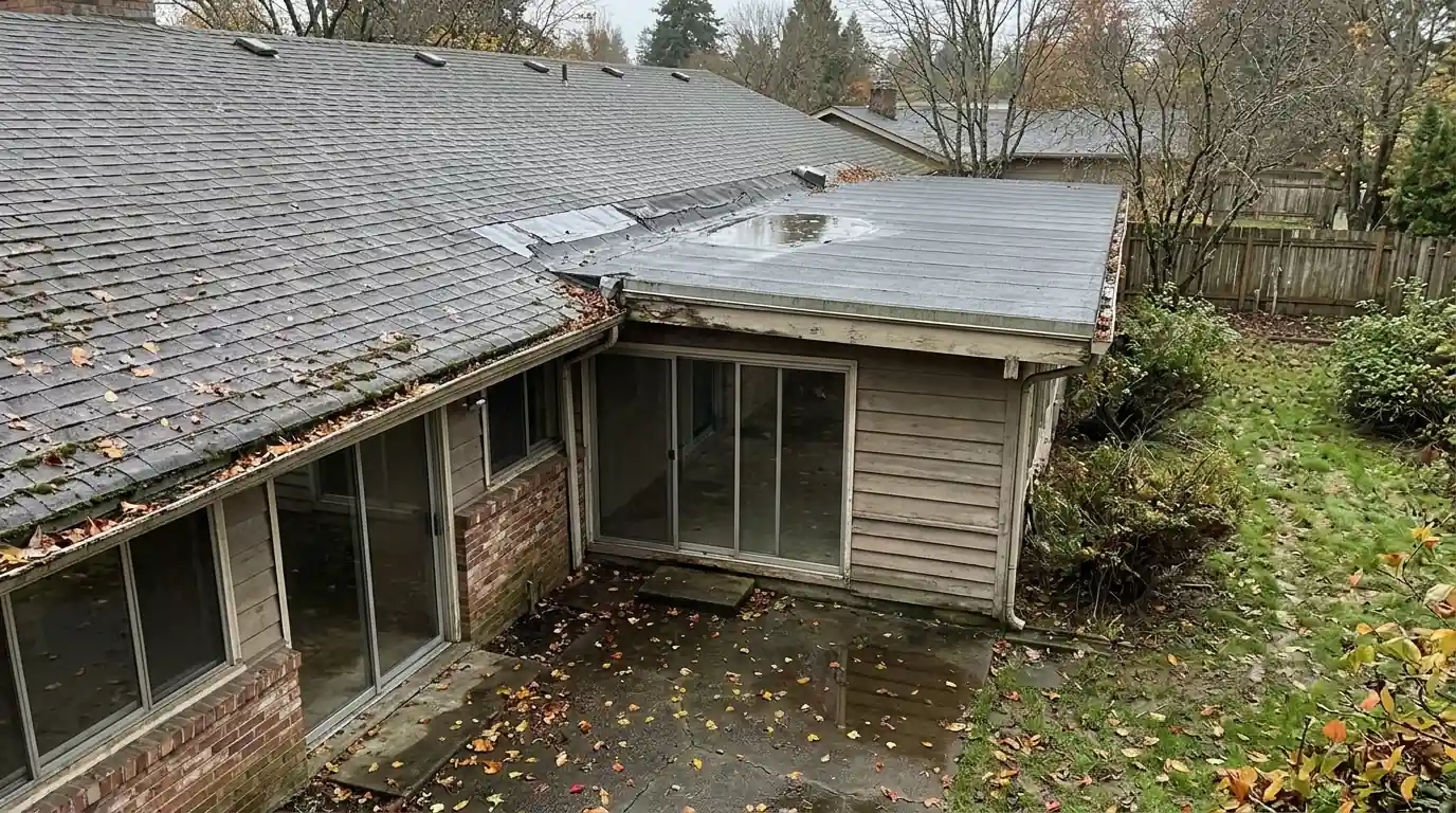Low-slope torch-down roof on a ranch house addition after rain