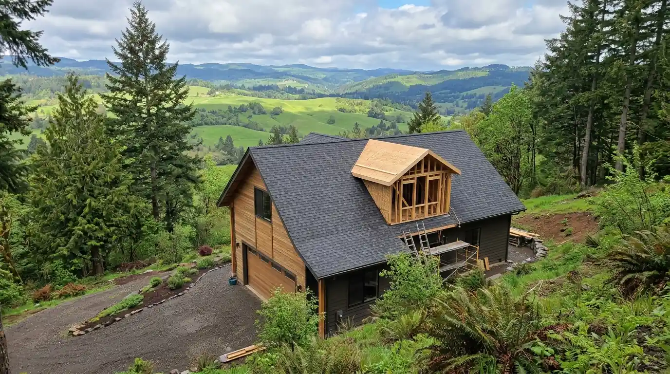 Newer hillside home with a composite roof and a new dormer