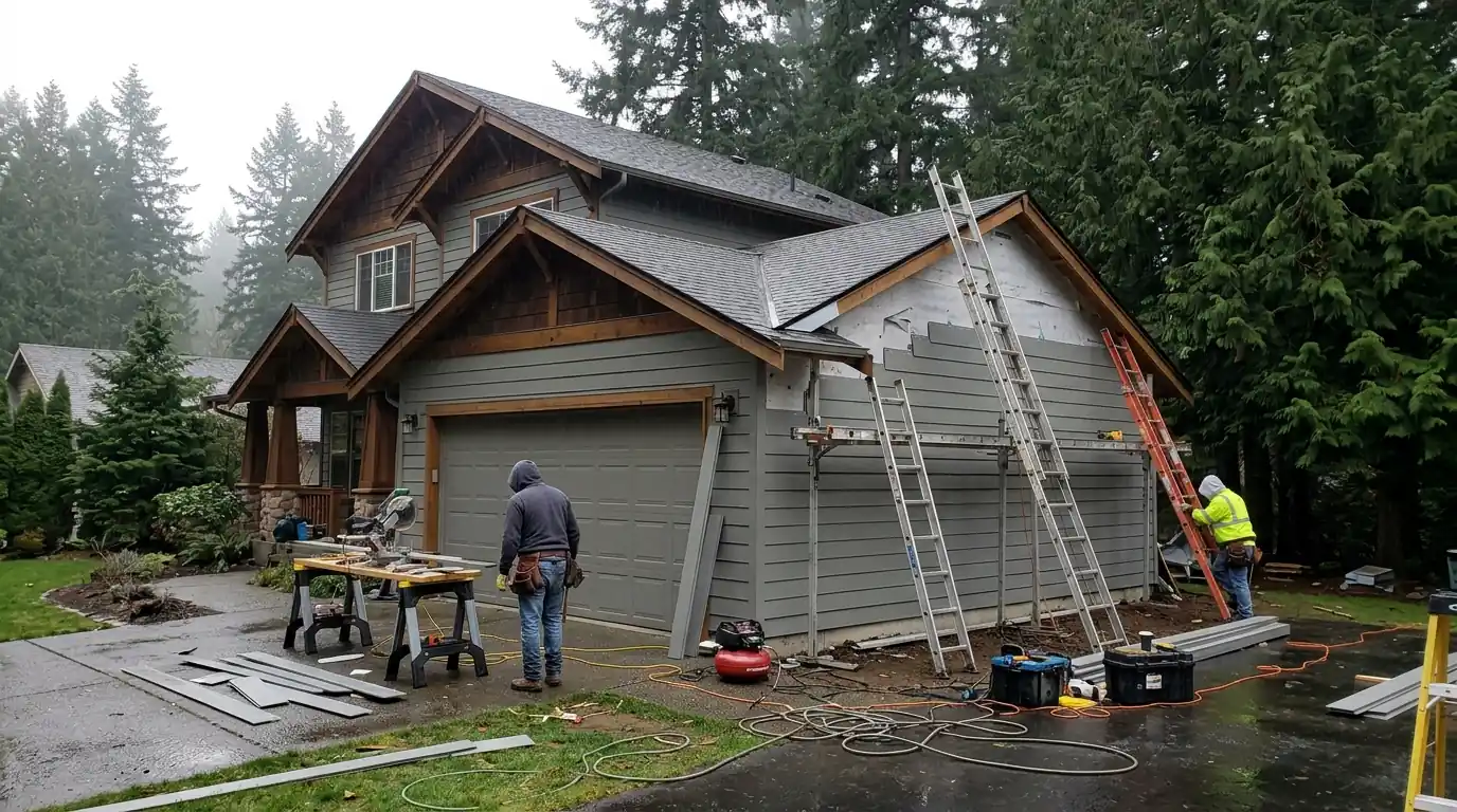 New fiber cement lap siding installed where a garage roof meets the house wall