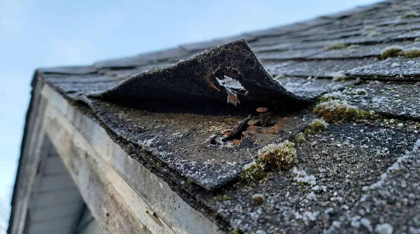 Lifted shingle tab with torn nail holes along a roof rake edge