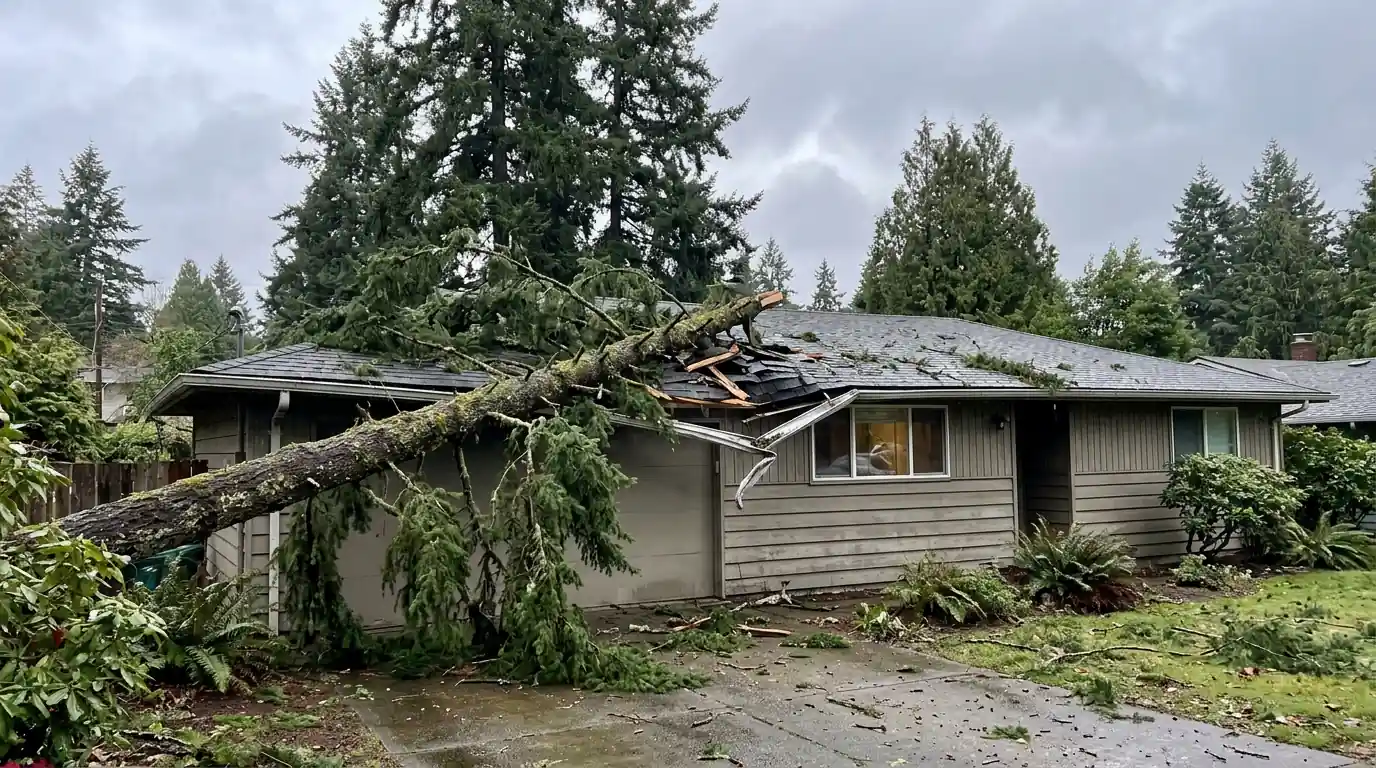 Large fir limb lying across a ranch home roof with crushed shingles