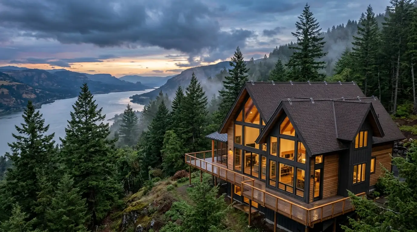 Steep roof on a hillside home overlooking the Columbia River