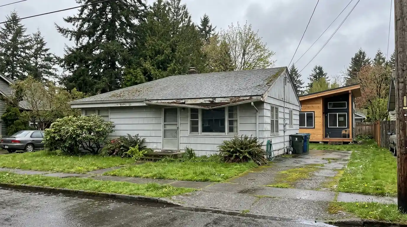 Small postwar house with a worn gutter and a new backyard cottage roof