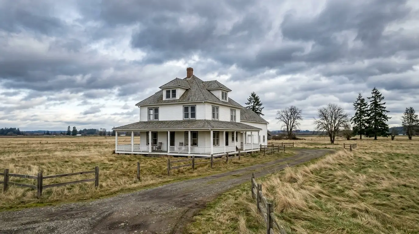 Farmhouse with a wraparound porch on open farmland under winter clouds
