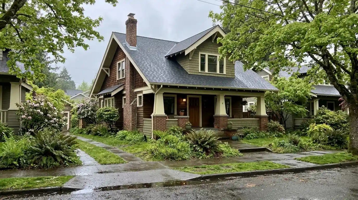 Older Portland bungalow with a new charcoal shingle roof and flashed brick chimney