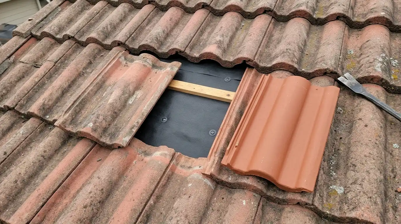 Low-pitch ranch house roof with an attached patio cover on a rainy day