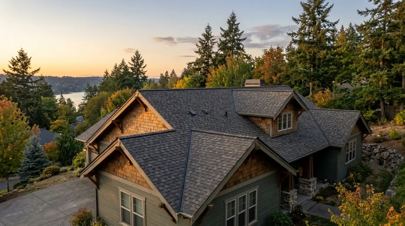 New weathered-wood architectural shingle roof on a craftsman-style hillside home