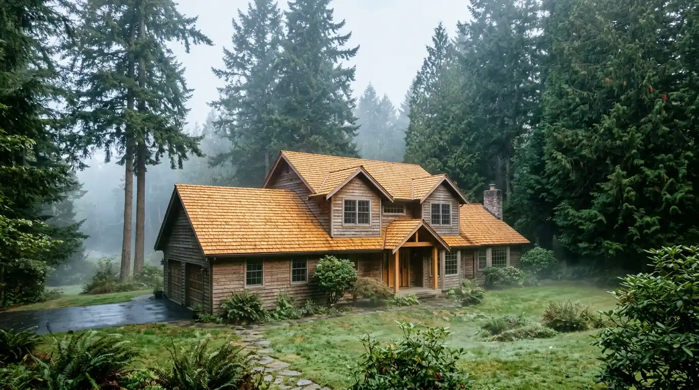 Two-story home with a new cedar shake roof and fir trees