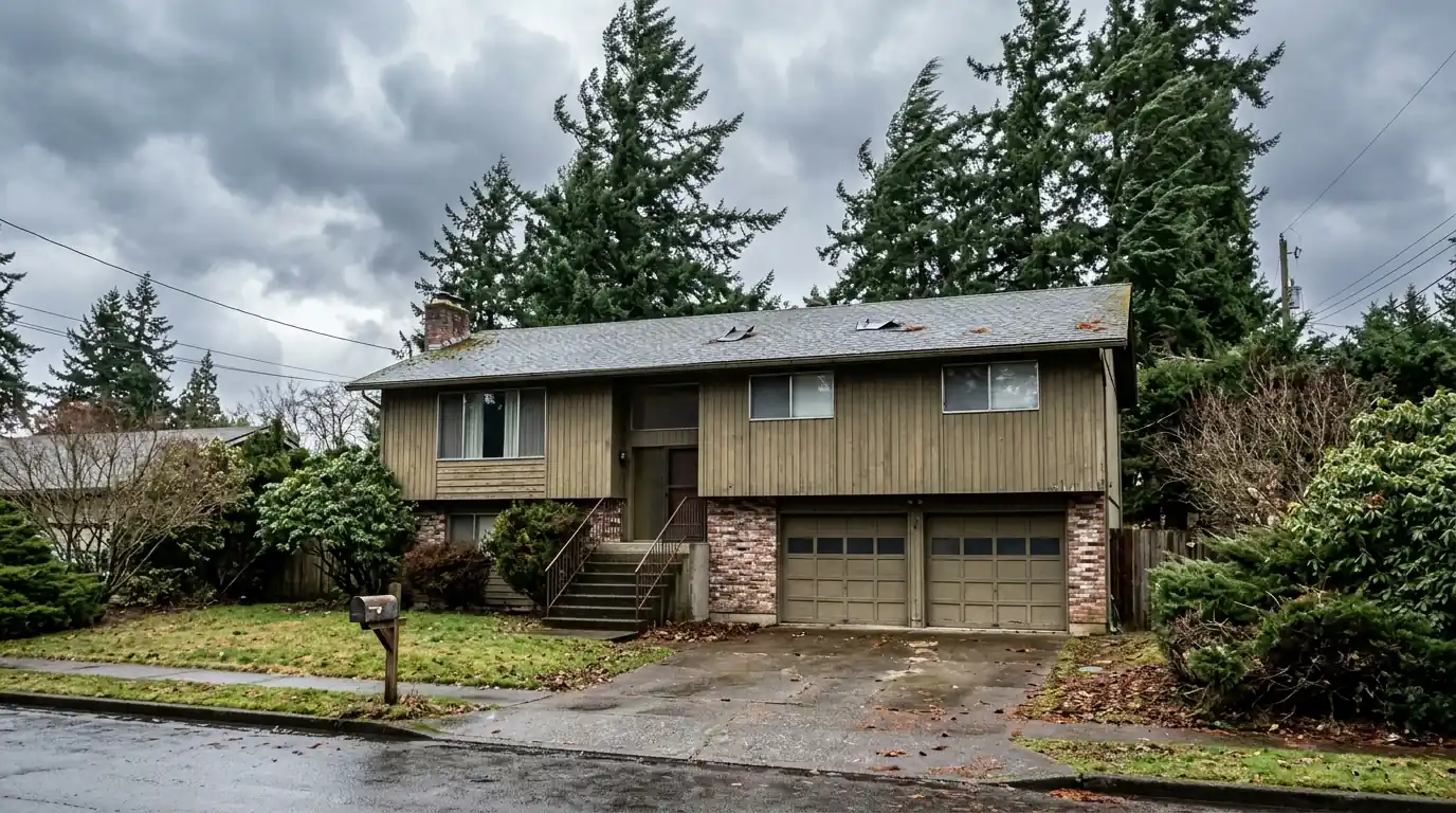 Split-level Gresham house with gray shingles lifted by winter wind
