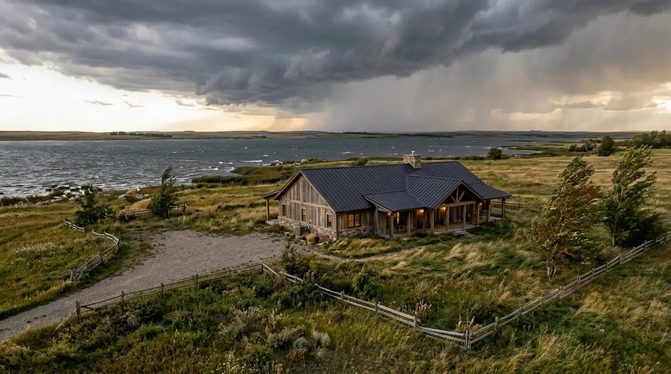 Ranch house with a metal roof on an open lot near a lake