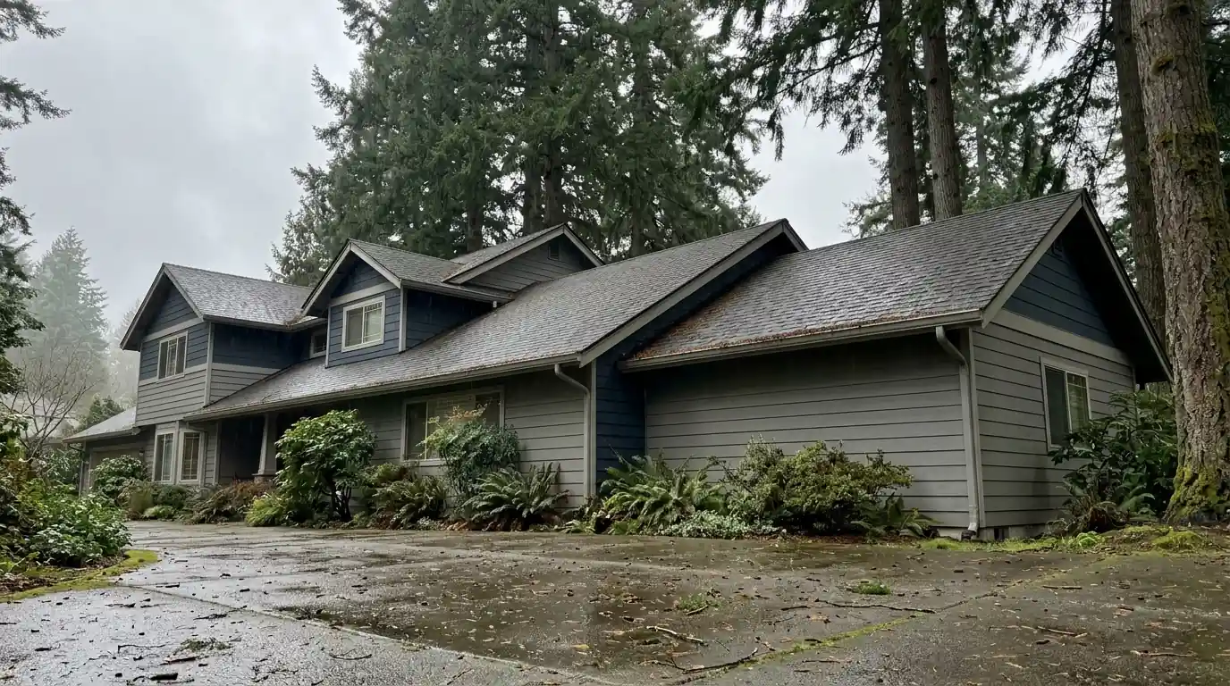 Two-story roofline with covered gutters beneath tall Douglas fir trees