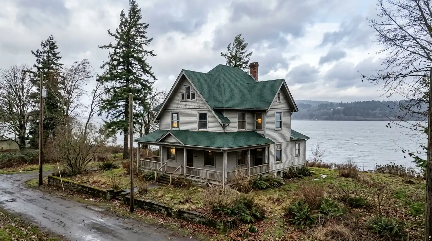 Older St. Helens riverfront house with a new green shingle roof